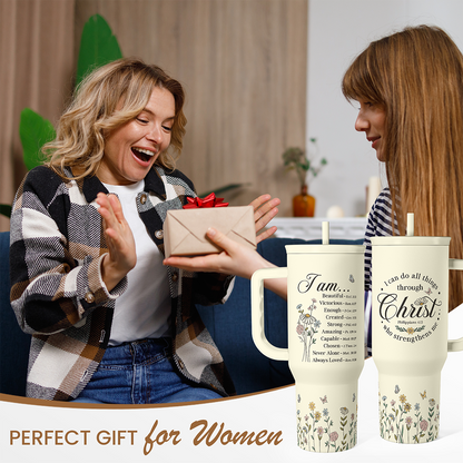 Beige 40oz tumbler with handle and floral Christian design on table, ready to gift.