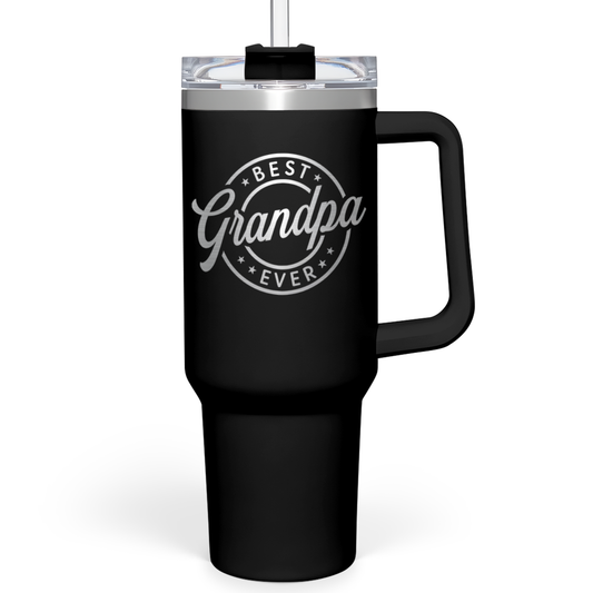 Black 40oz tumbler with handle and clear lid, "Best Grandpa Ever" logo
