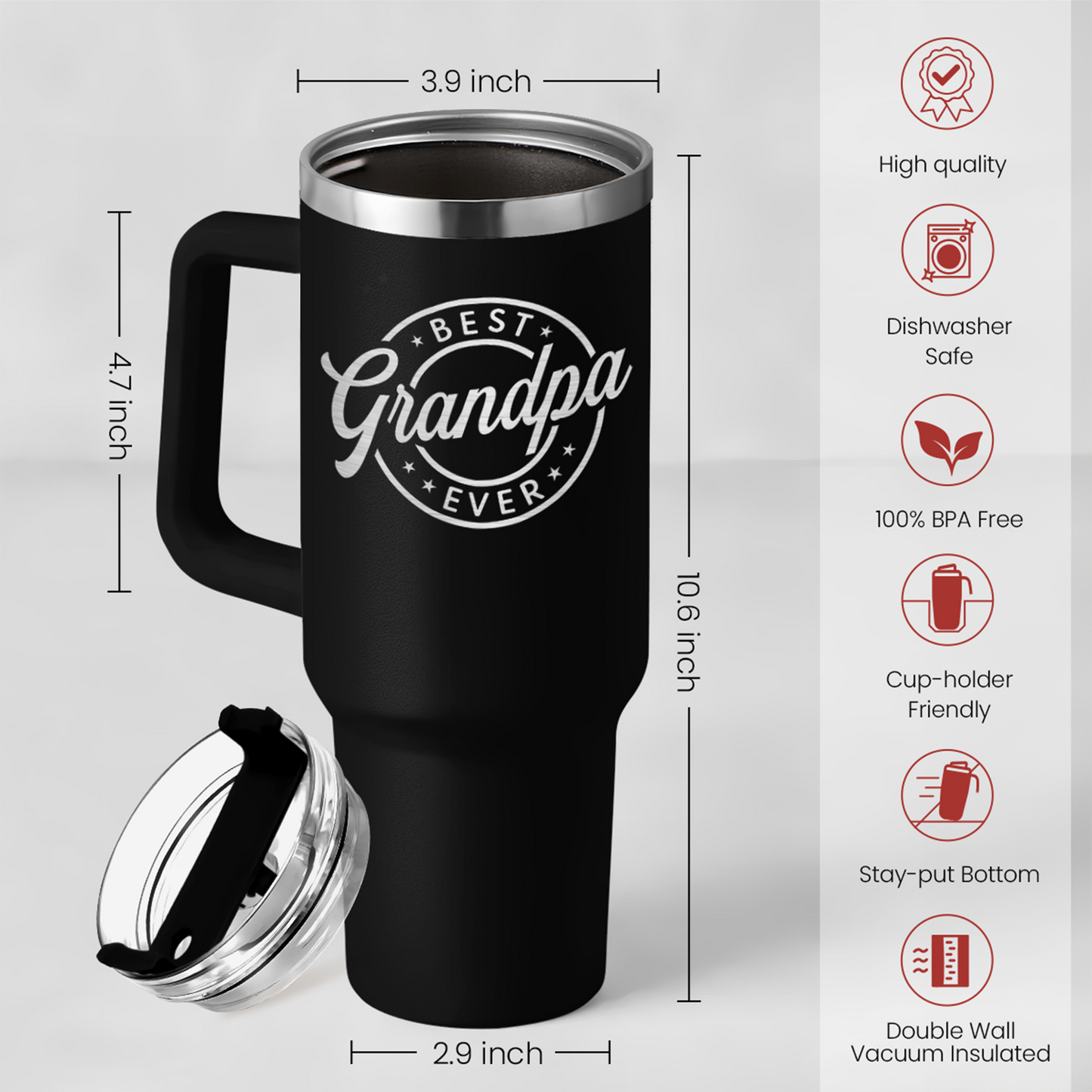 Black 40oz tumbler with handle and clear lid, "Best Grandpa Ever" logo, double-wall