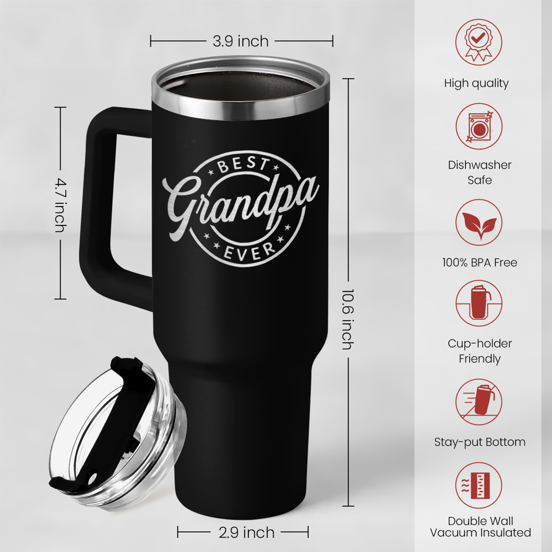 Black 40oz tumbler with handle and clear lid, "Best Grandpa Ever" logo, double-wall