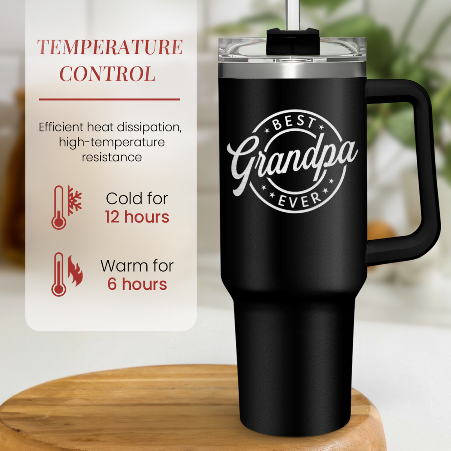 Black 40oz tumbler with handle and clear lid, "Best Grandpa Ever" logo