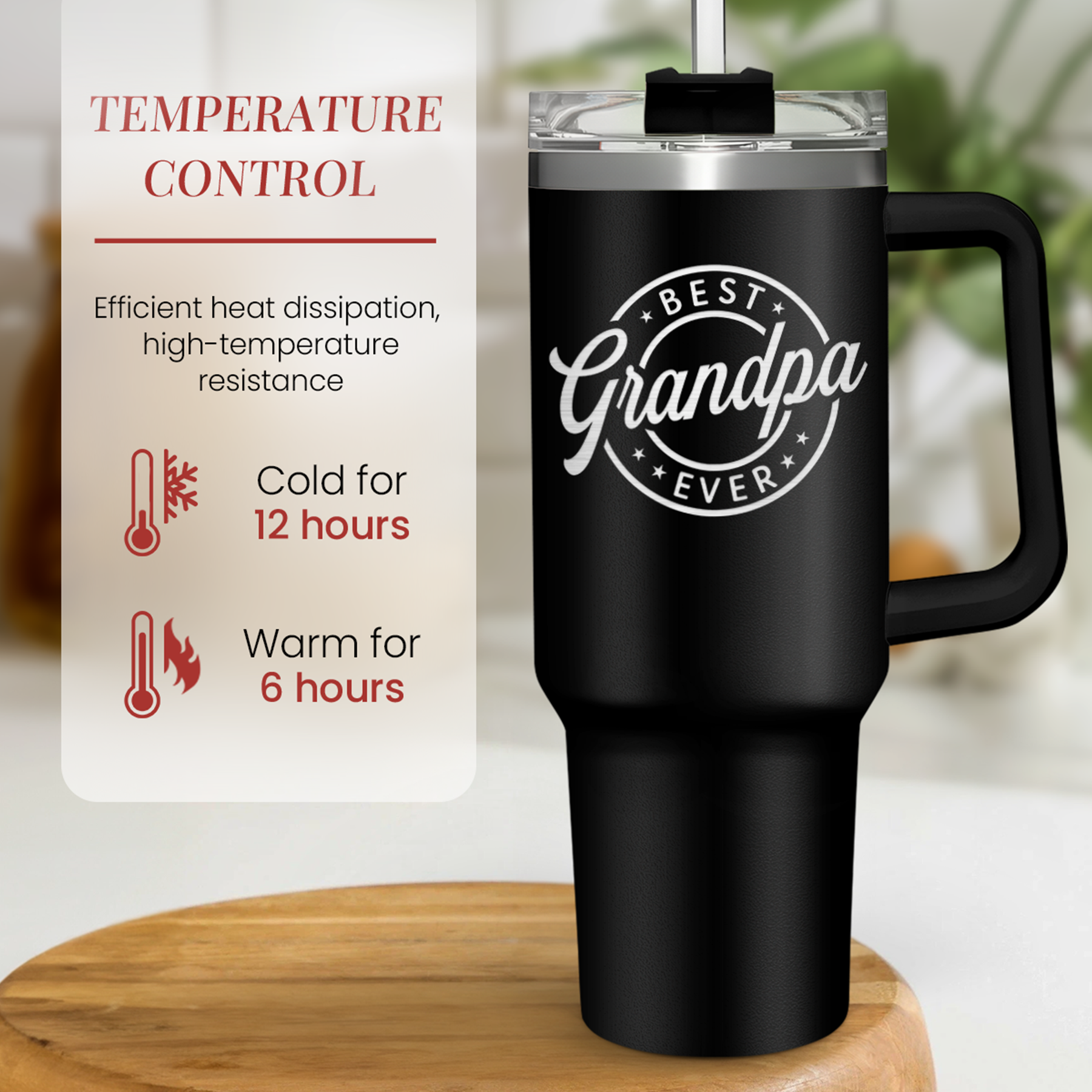 Black 40oz tumbler with handle and clear lid, "Best Grandpa Ever" logo