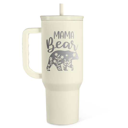 Beige 40oz tumbler with handle, straw, and “Mama Bear” graphic.