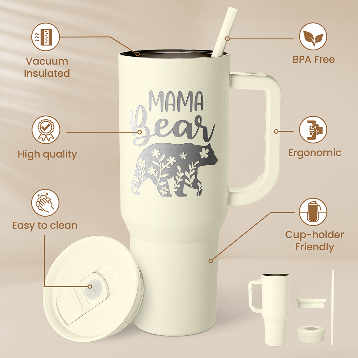 Beige 40oz insulated tumbler with handle, straw, and “Mama Bear” design.