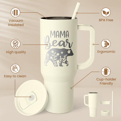 Beige 40oz insulated tumbler with handle, straw, and “Mama Bear” design.