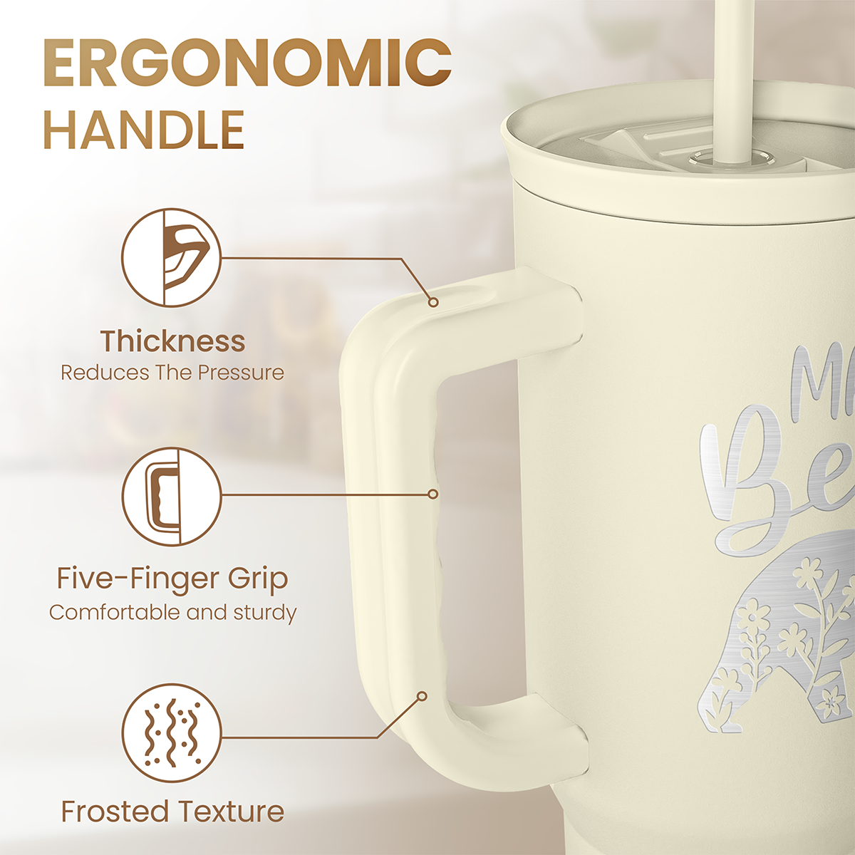 Beige 40oz tumbler with ergonomic handle and straw, “Mama Bear” graphic.