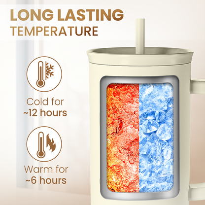 Beige 40oz tumbler with handle, straw, and temperature indicator window.