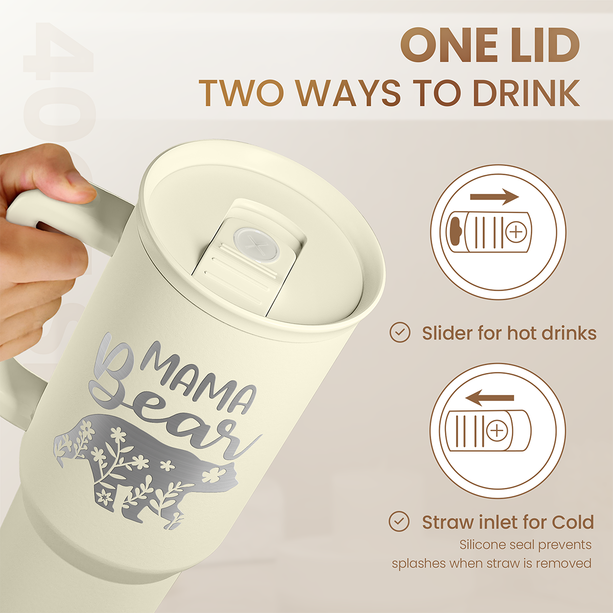 Beige 40oz tumbler with slider lid and straw inlet, “Mama Bear” graphic.
