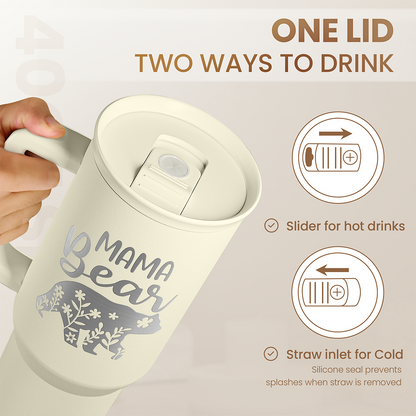 Beige 40oz tumbler with slider lid and straw inlet, “Mama Bear” graphic.