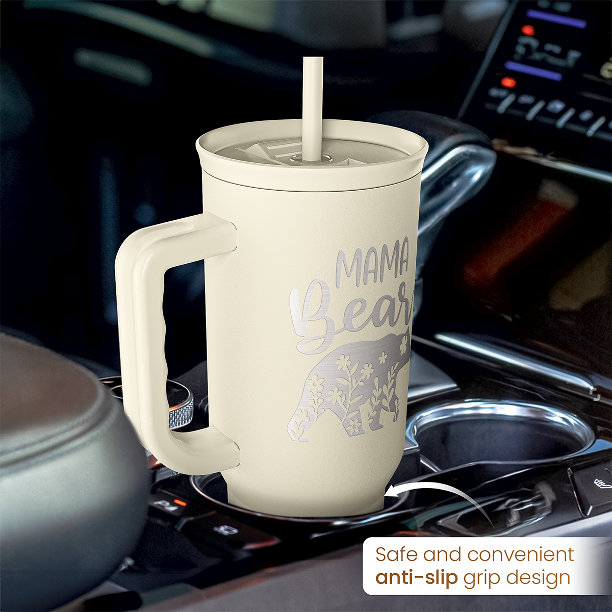 Beige 40oz tumbler with handle, straw, and textured anti-slip grip design.
