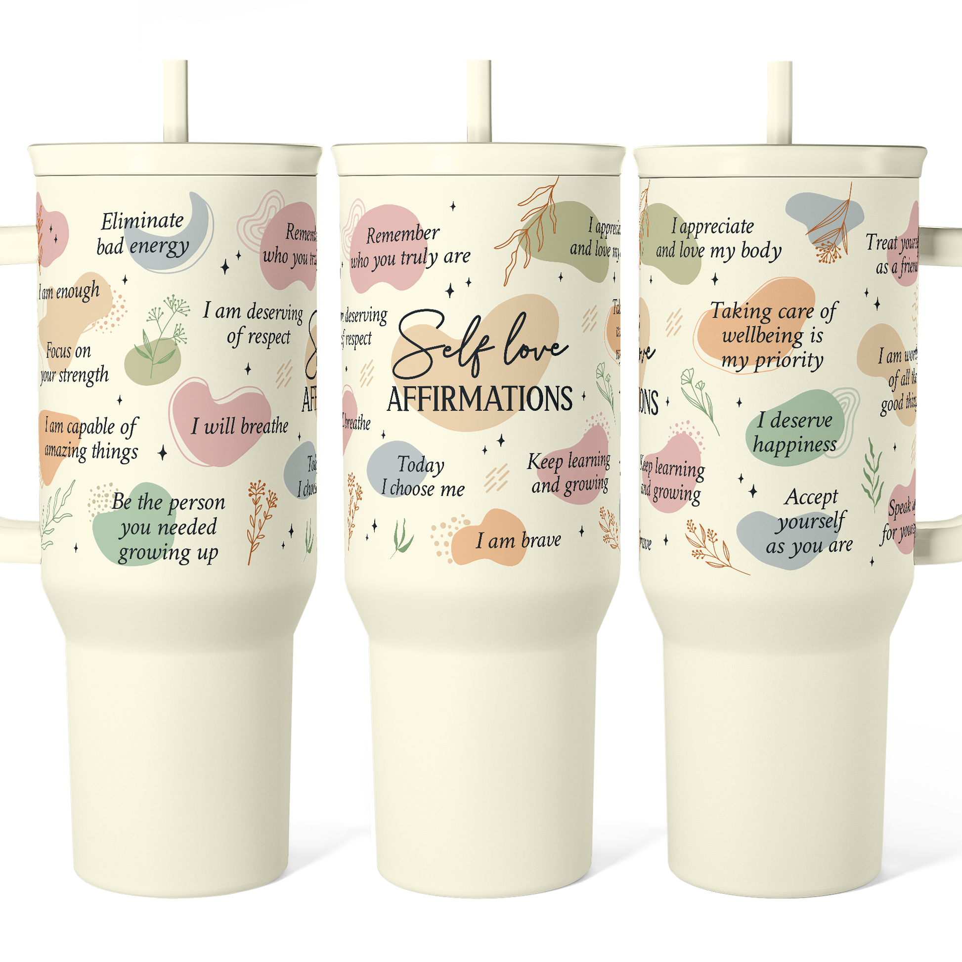 Beige 40oz slide-top tumbler set with reusable straw and carrying handle, printed quotes