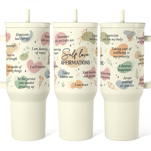 Beige 40oz slide-top tumbler set with reusable straw and carrying handle, printed quotes