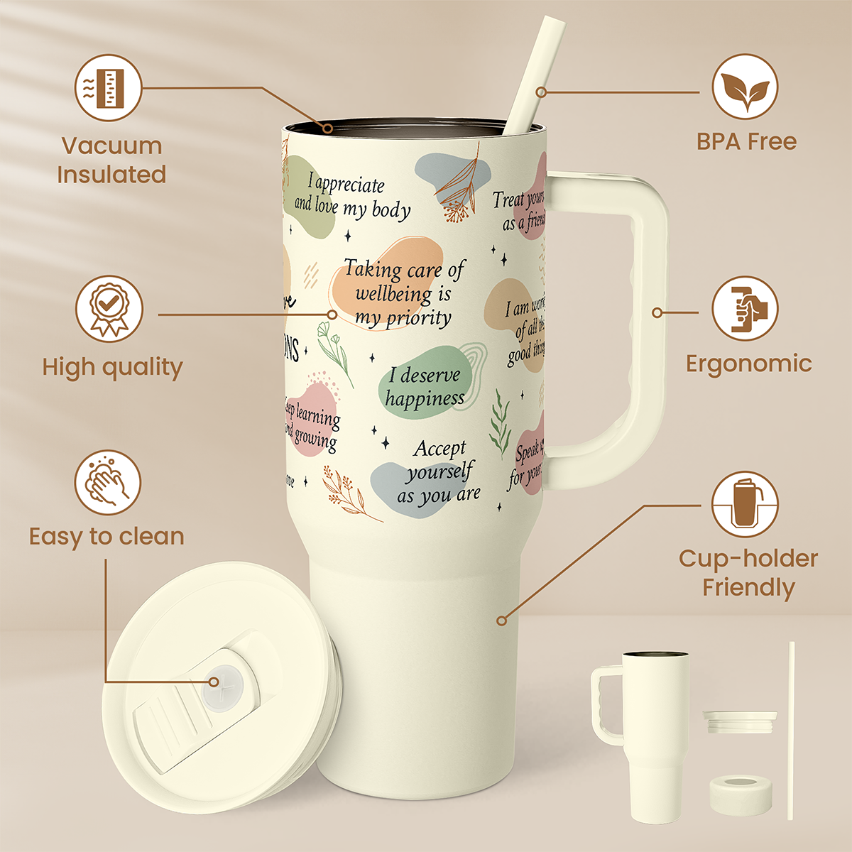 Beige 40oz slider tumbler with straw, handle, and flip lid; vacuum insulated design