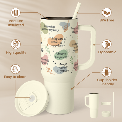 Beige 40oz slider tumbler with straw, handle, and flip lid; vacuum insulated design