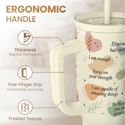 Beige tumbler with ergonomic handle, thick grip and frosted-texture surface