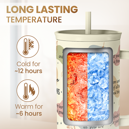 Beige 40oz tumbler with side window, showing cold and hot insulation performance