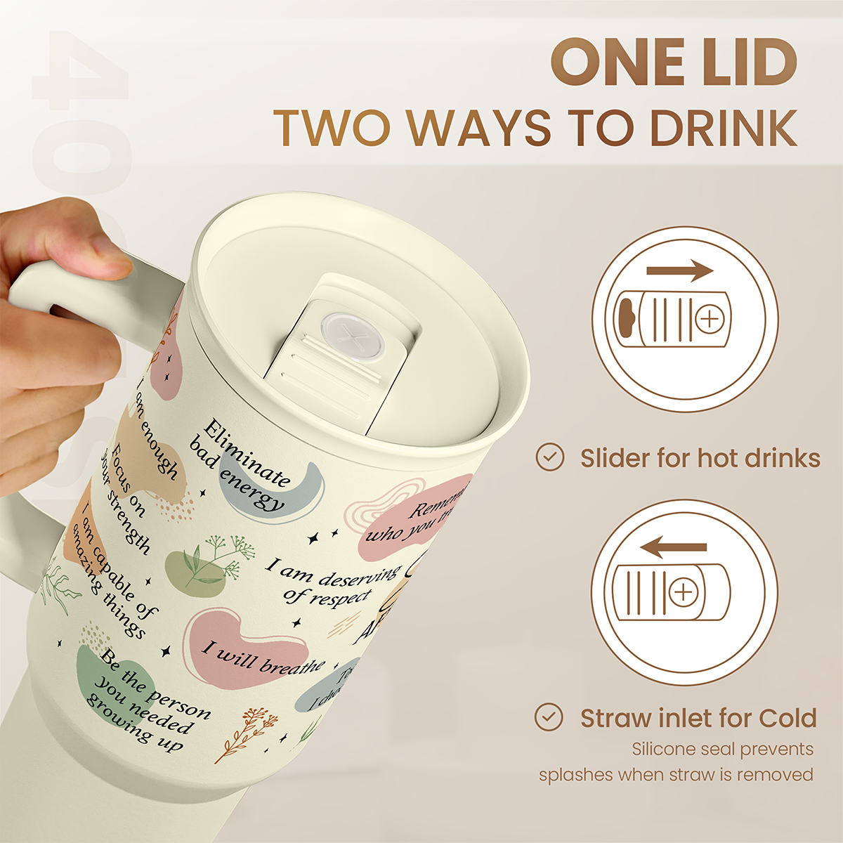 Beige slider tumbler with removable straw and sliding lid for hot and cold drinks