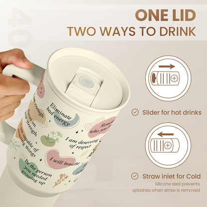 Beige slider tumbler with removable straw and sliding lid for hot and cold drinks