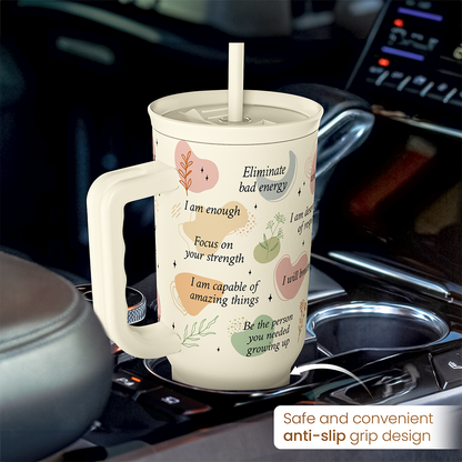 Beige 40oz slider tumbler with handle and straw; non-slip grip design