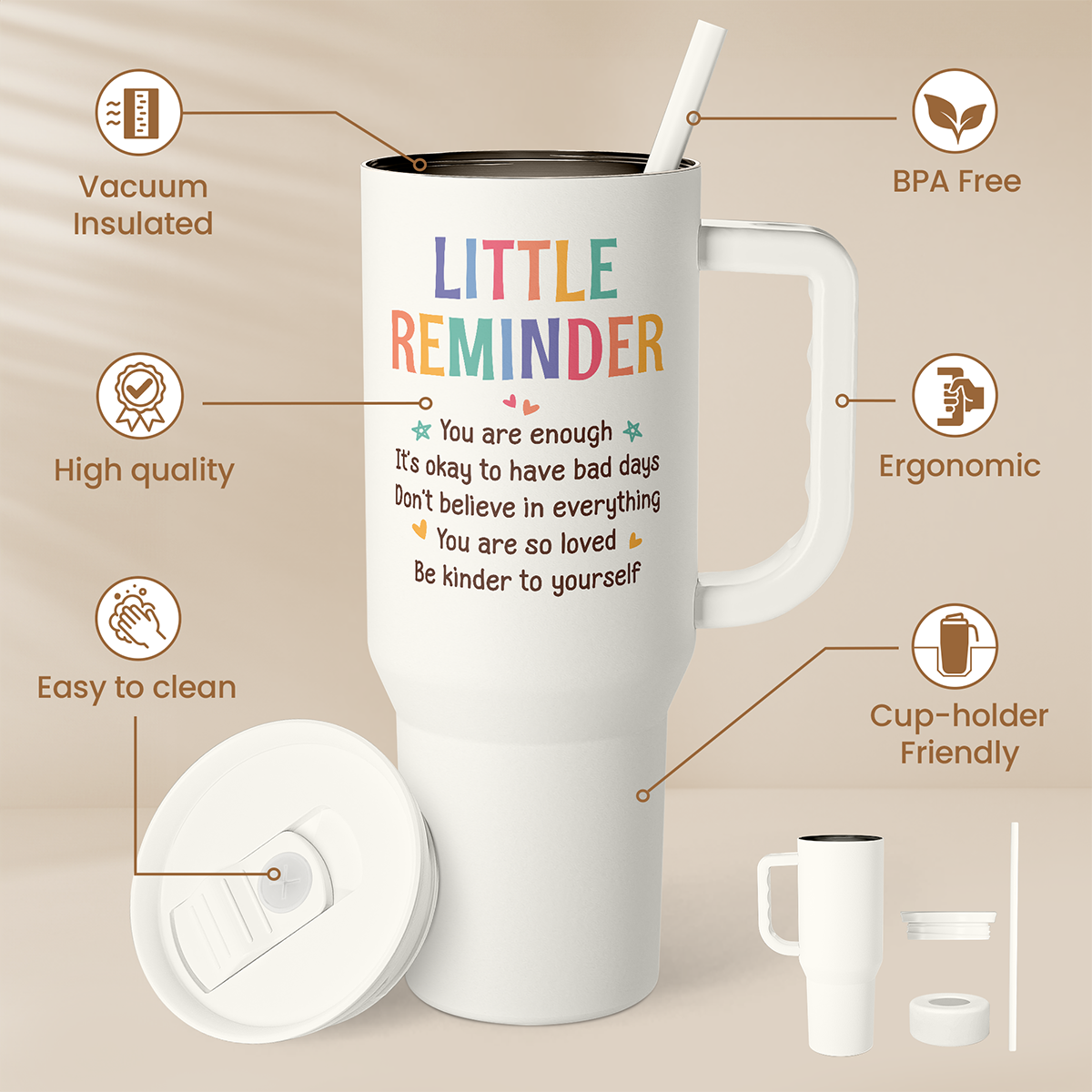 White 40oz slider tumbler with handle and straw lid; “LITTLE REMINDER” quote on front.