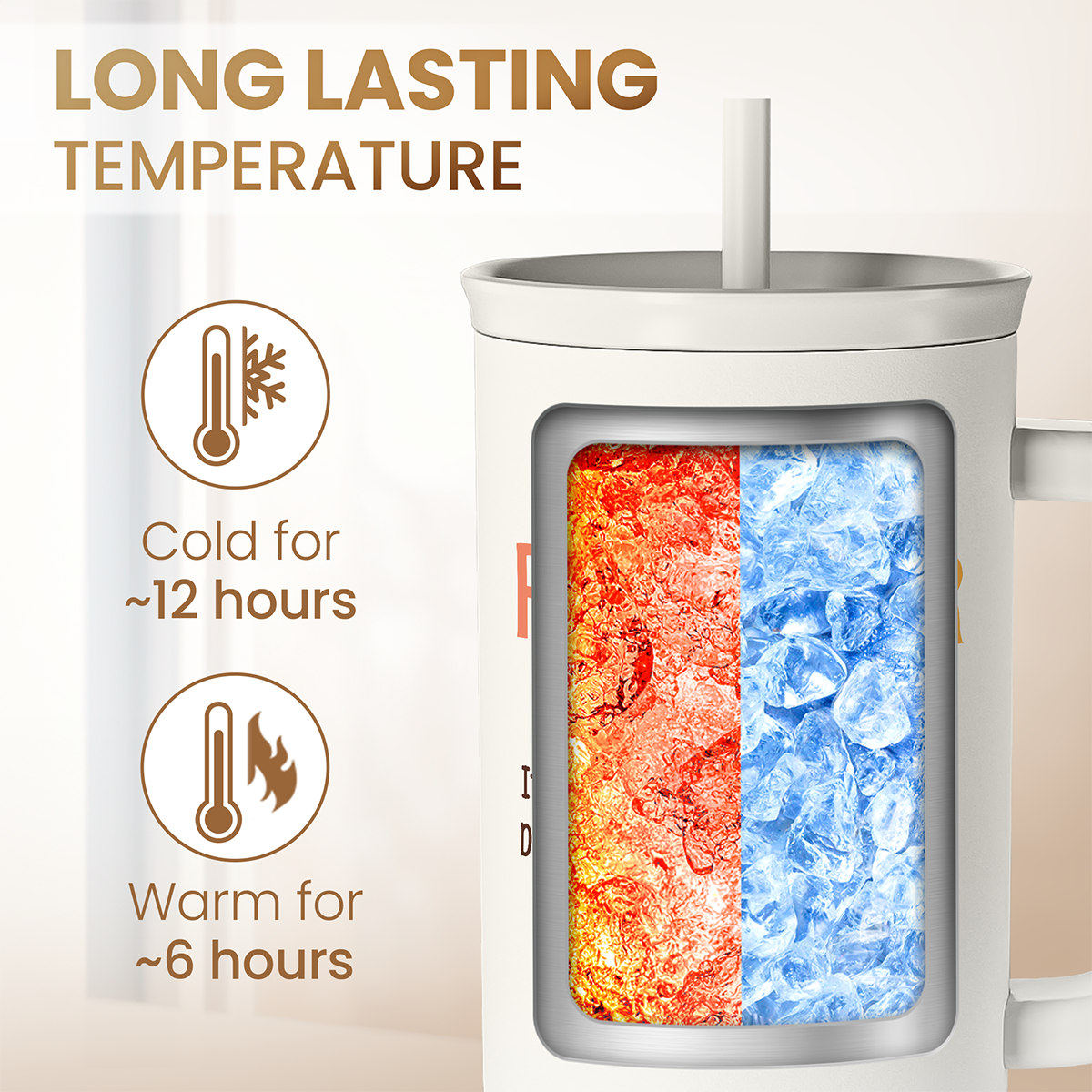 White 40oz slider tumbler with handle and straw; insulation window graphic on front.