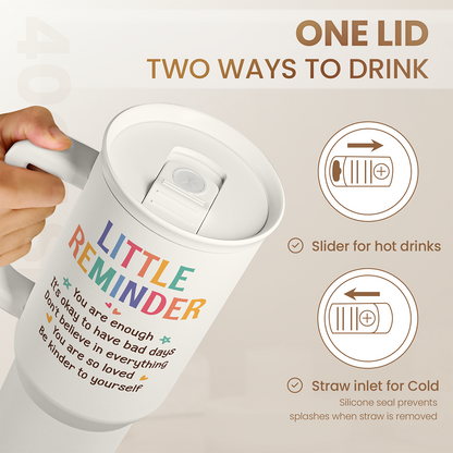 White 40oz slider tumbler with one lid; slider opening and straw inlet design.