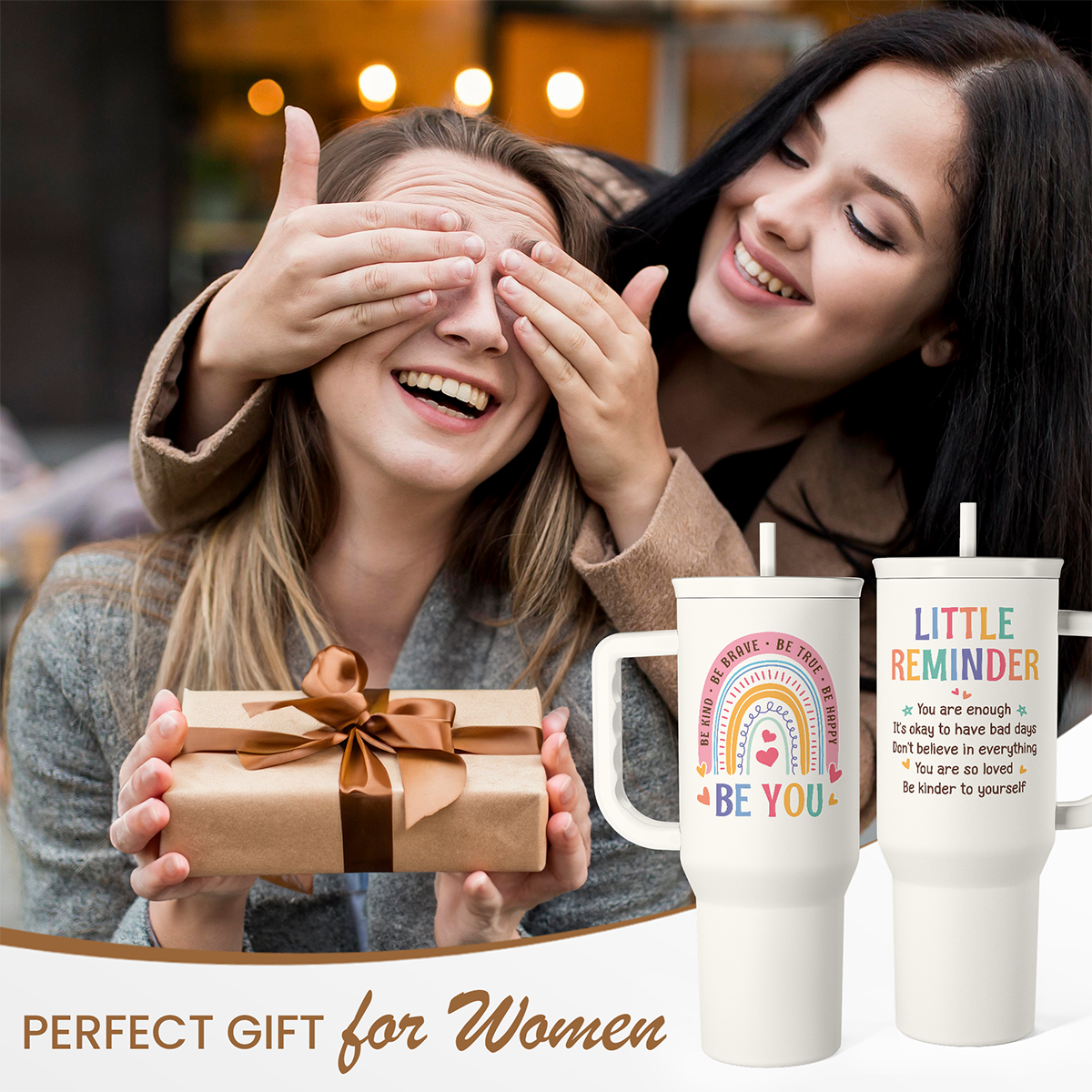 Pair of white 40oz slider tumblers with handles; “LITTLE REMINDER” and “BE YOU” prints.