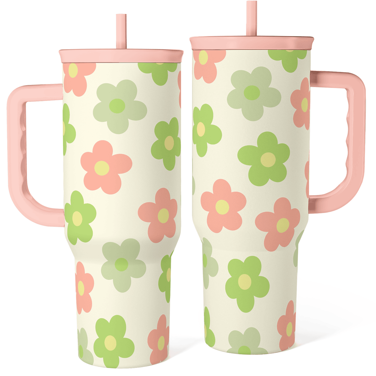 40oz slider tumbler with handle, beige daisy floral design, pink lid and straw.