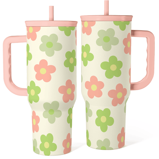 40oz slider tumbler with handle, beige daisy floral design, pink lid and straw.