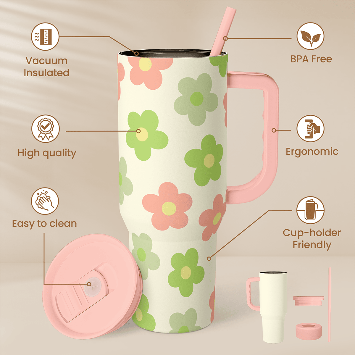 40oz vacuum insulated slider tumbler with handle, beige daisy floral pattern, pink straw lid.