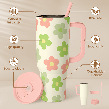 40oz vacuum insulated slider tumbler with handle, beige daisy floral pattern, pink straw lid.
