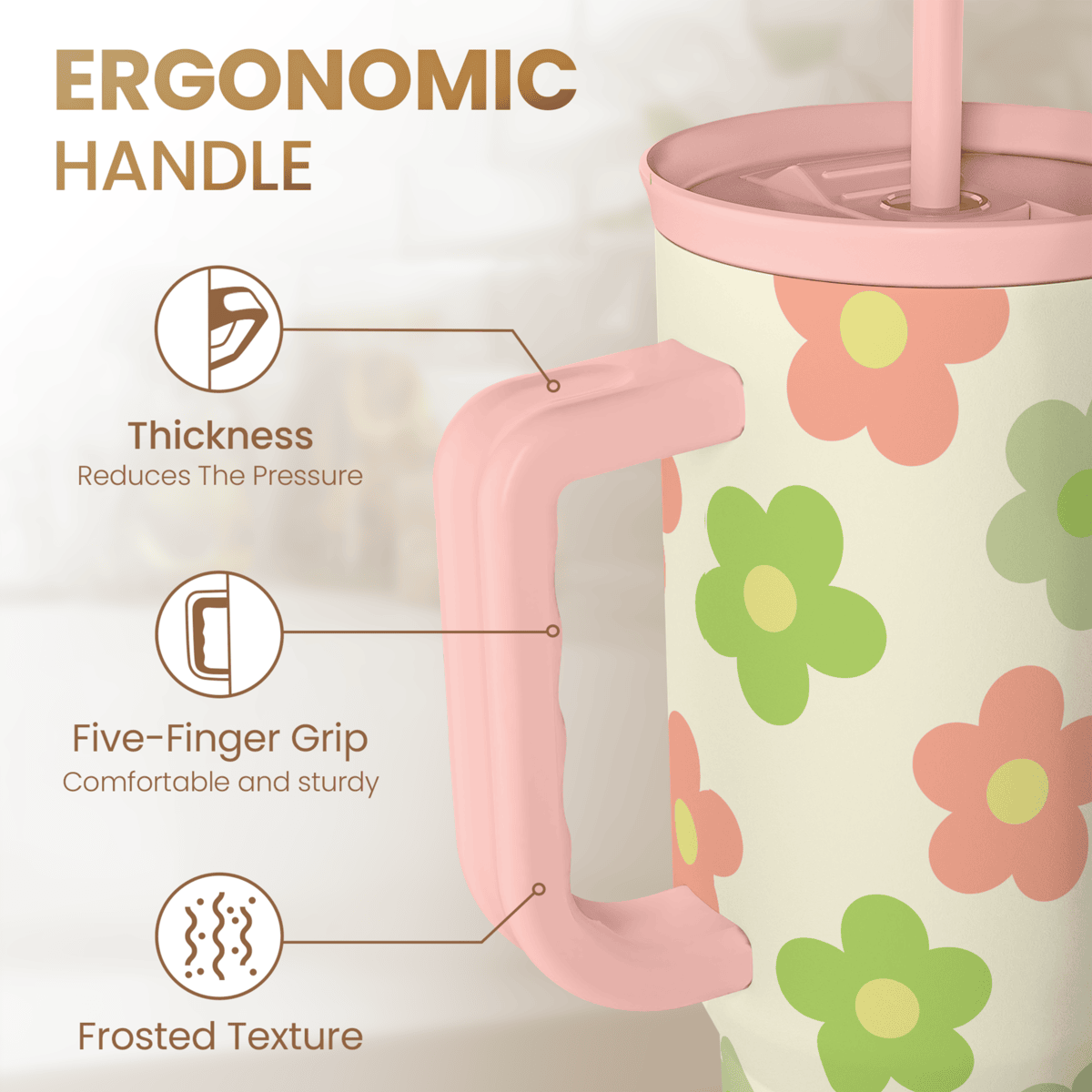 40oz slider tumbler with ergonomic pink handle and straw, beige daisy floral print.