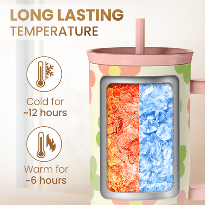 40oz slider tumbler with visible insulated chamber, beige daisy floral exterior, pink straw lid.