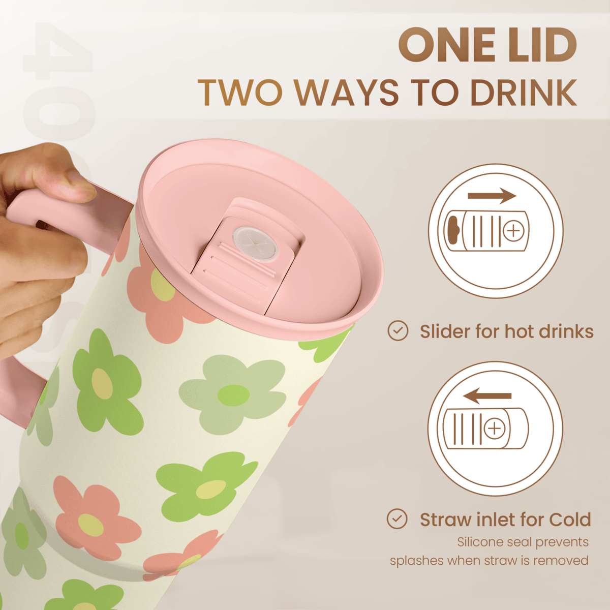 40oz slider tumbler with handle and straw inlet, beige daisy floral design, open lid top.