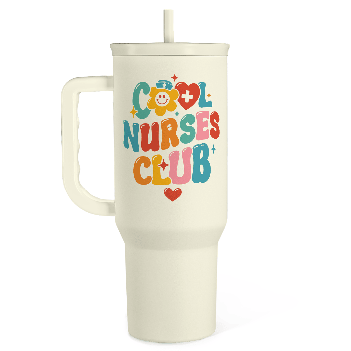 Beige 40oz nurse-themed slider tumbler with handle and straw, colorful Nurses Club graphic