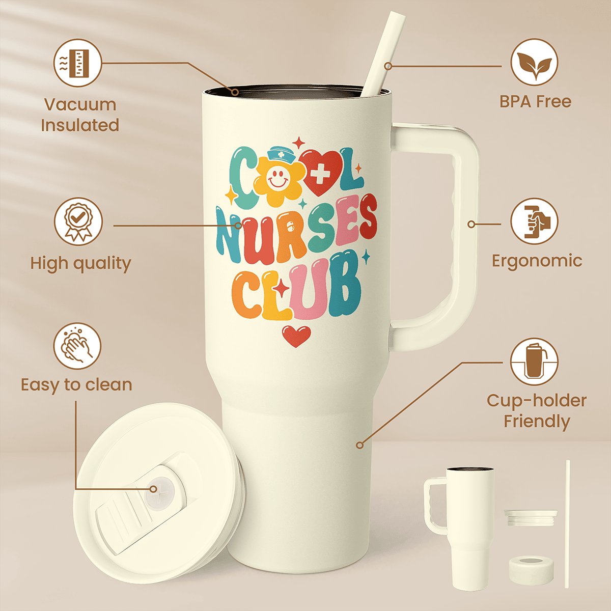 Beige 40oz insulated tumbler with handle, slide lid, straw, and Nurses Club graphic