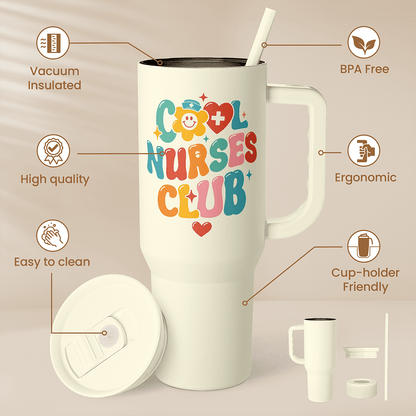 Beige 40oz insulated tumbler with handle, slide lid, straw, and Nurses Club graphic