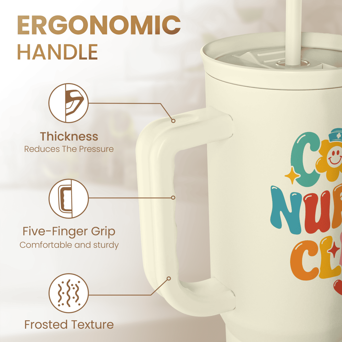 Beige 40oz tumbler with ergonomic handle, frosted texture, and Nurses Club graphic