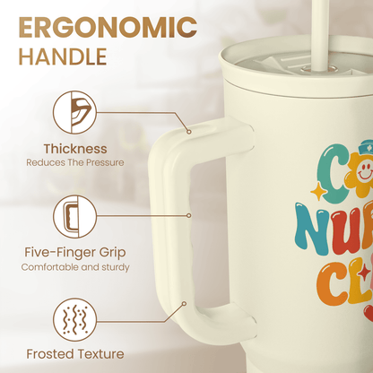 Beige 40oz tumbler with ergonomic handle, frosted texture, and Nurses Club graphic