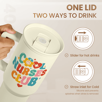 Beige 40oz tumbler with slider lid for hot drinks and straw inlet for cold