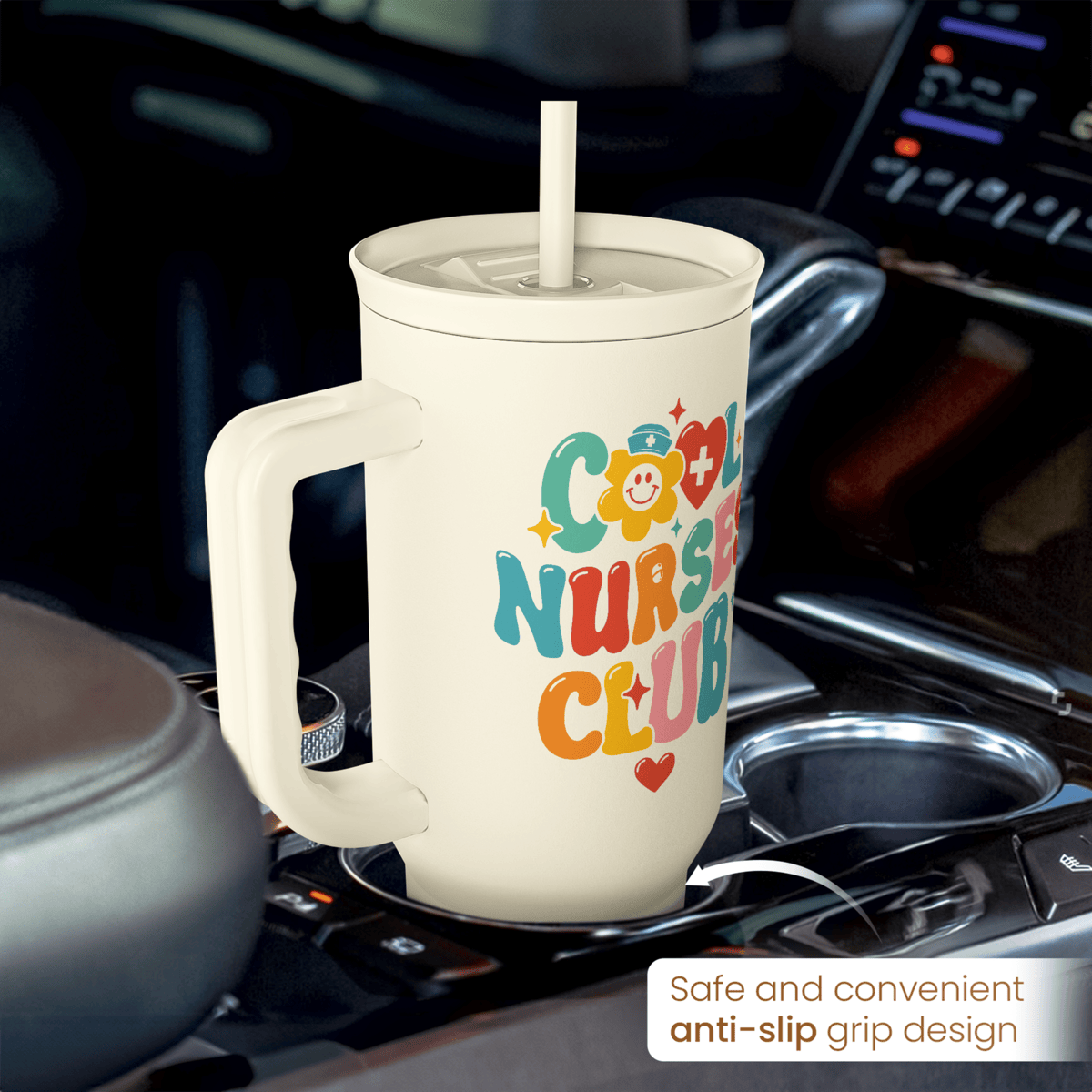 Beige 40oz nurse tumbler with anti-slip grip, handle and straw, Nurses Club graphic