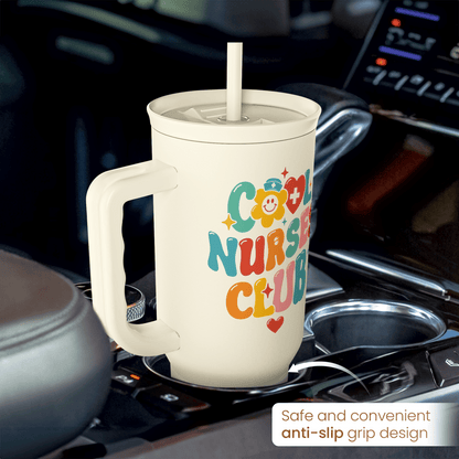 Beige 40oz nurse tumbler with anti-slip grip, handle and straw, Nurses Club graphic