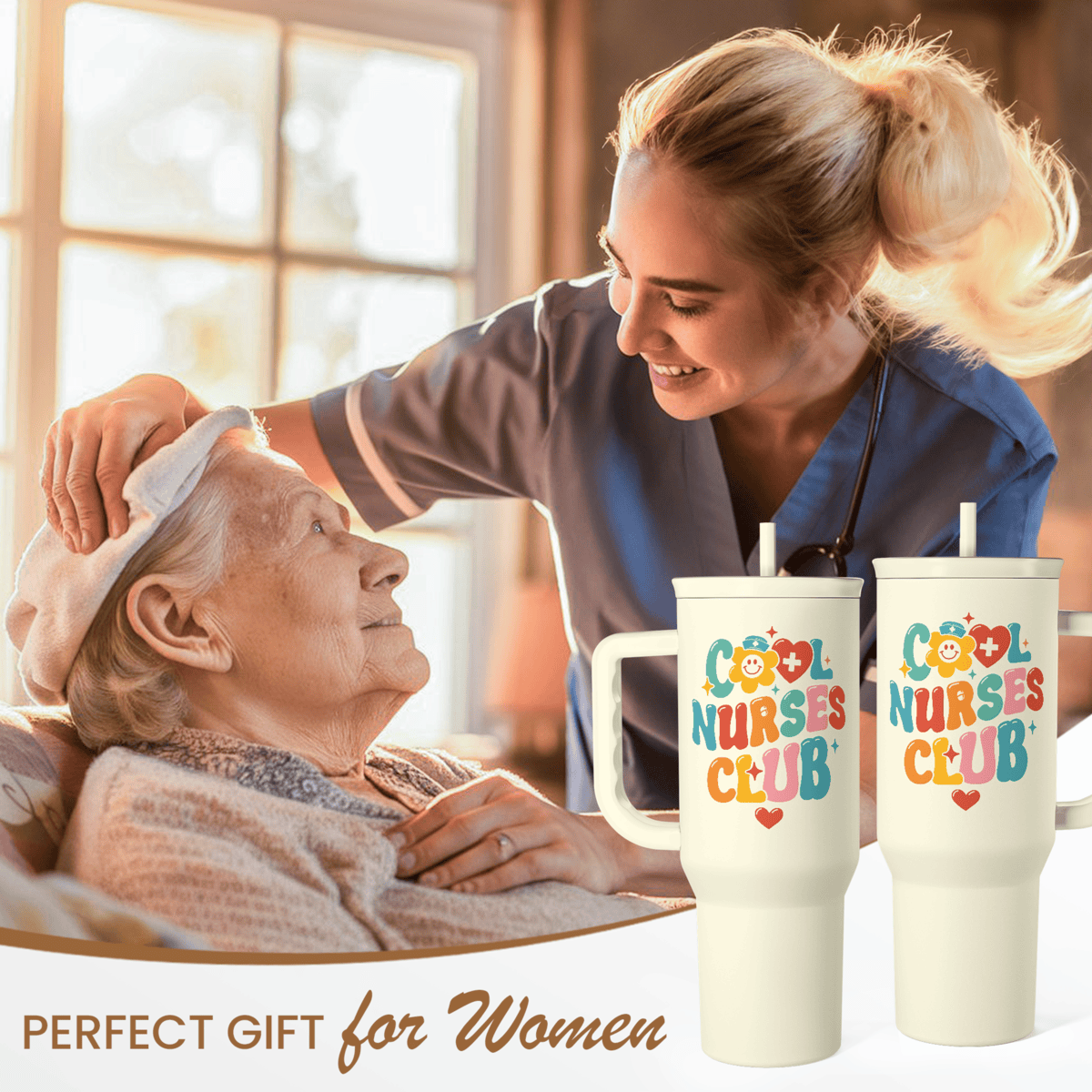 Set of beige 40oz Nurses Club tumblers with handles and straws