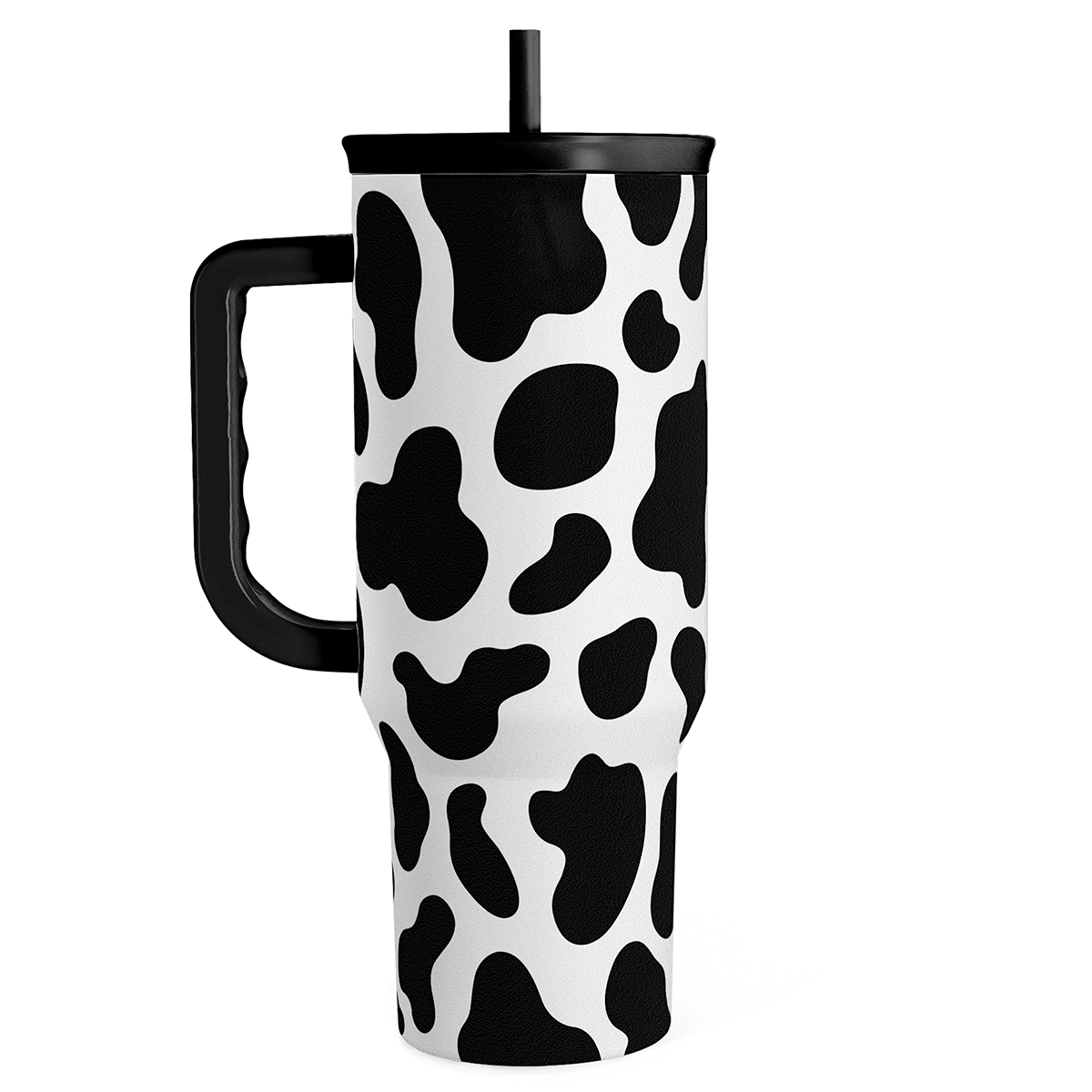 Slidemate cow-print 40oz tumbler with handle and black lid, includes a straw