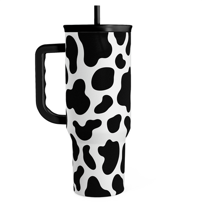 Slidemate cow-print 40oz tumbler with handle and black lid, includes a straw