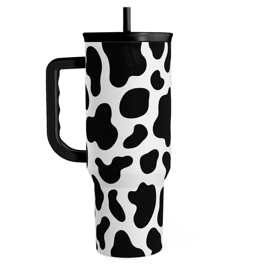 Slidemate cow-print 40oz tumbler with handle and black lid, includes a straw