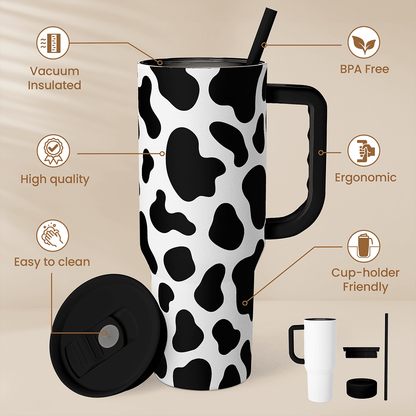 Slidemate cow-print 40oz insulated tumbler with handle, black lid and straw
