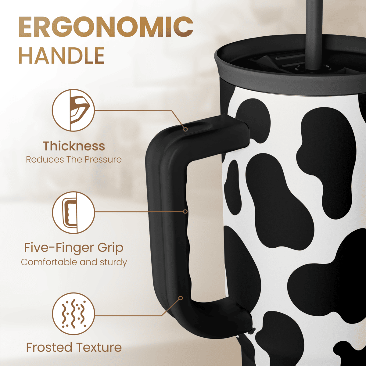 Slidemate cow-print 40oz tumbler with ergonomic black handle and frosted-style grip