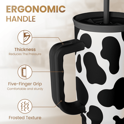 Slidemate cow-print 40oz tumbler with ergonomic black handle and frosted-style grip