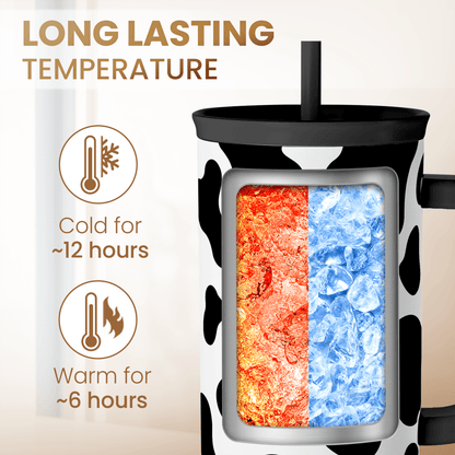 Slidemate cow-print 40oz tumbler with handle, black lid, and color-view window